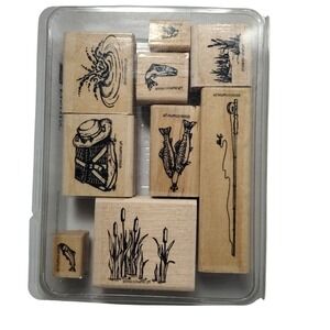 Vintage Stampin Up Wood Stamps Fishin Theme 1996 Retired Crafting Set 9 Pieces